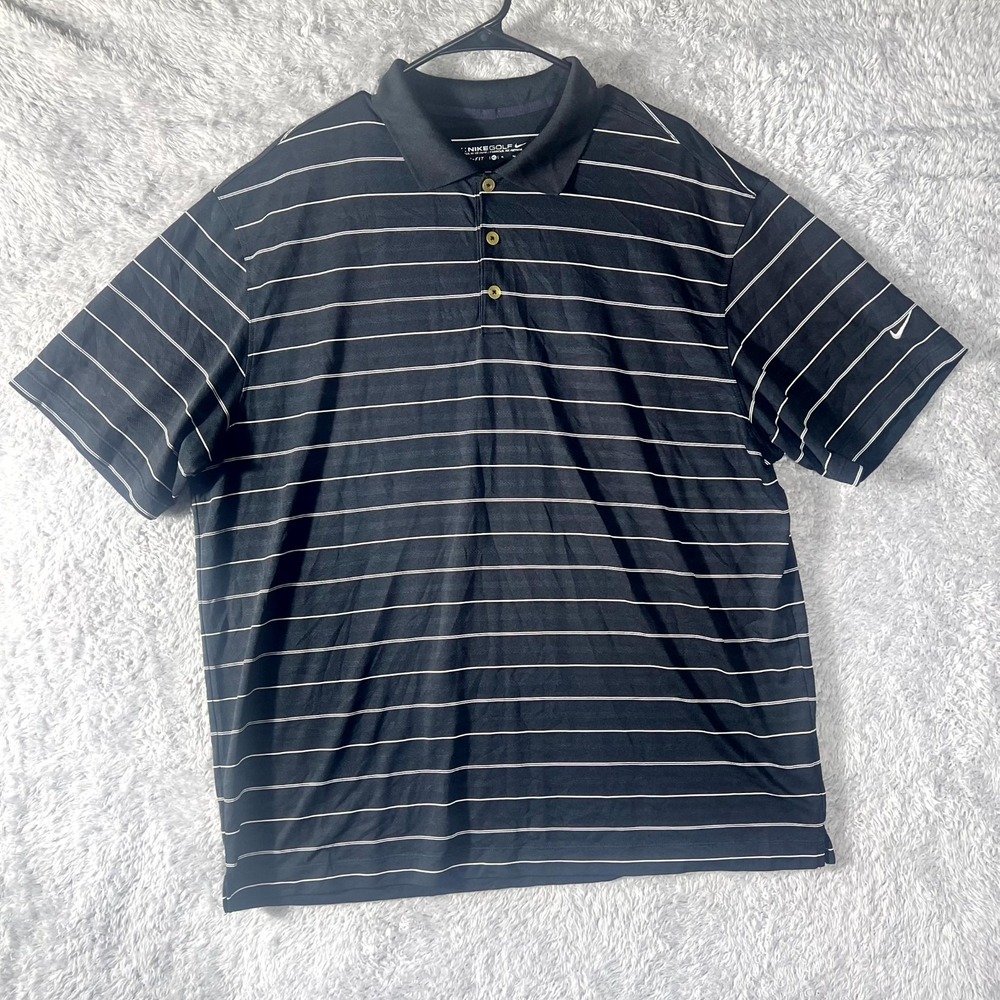 Nike Dri Fit Golf Polo Shirt Mens XL Black Striped Side Slit Performance Tennis